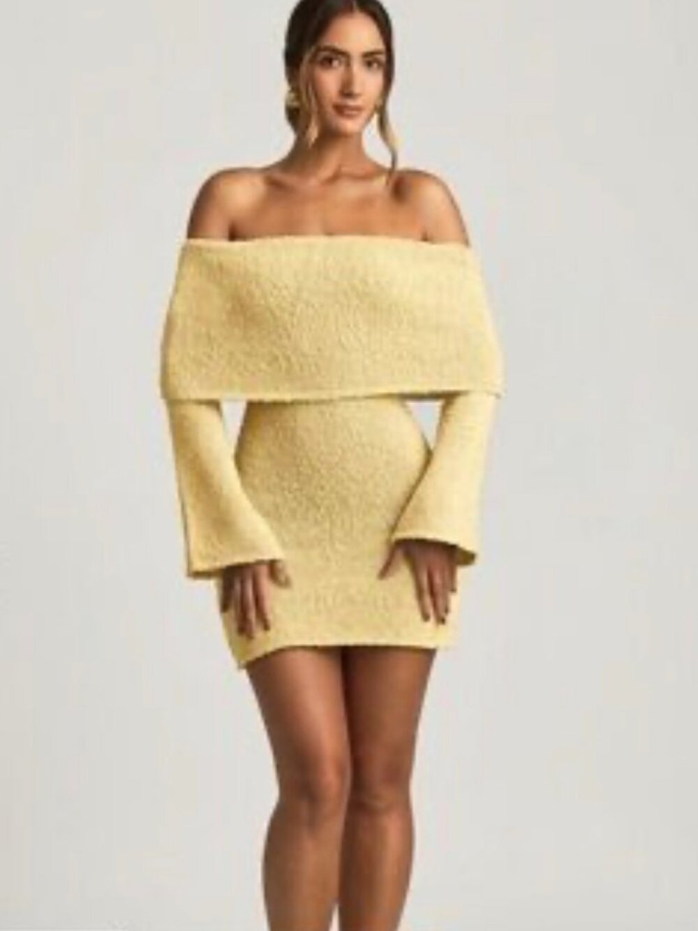 Oh Polly Butter Yellow Bouclé Off-Shoulder Mini Dress – NWT
